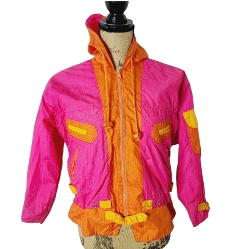 Vintage 90s Neon Pink Orange Gitls Windbreaker Spring Jacket 10 12